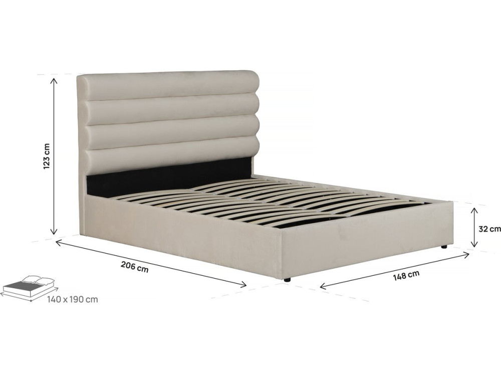 Lit double en velours design "Livigno" - 140 x 190 cm - Beige