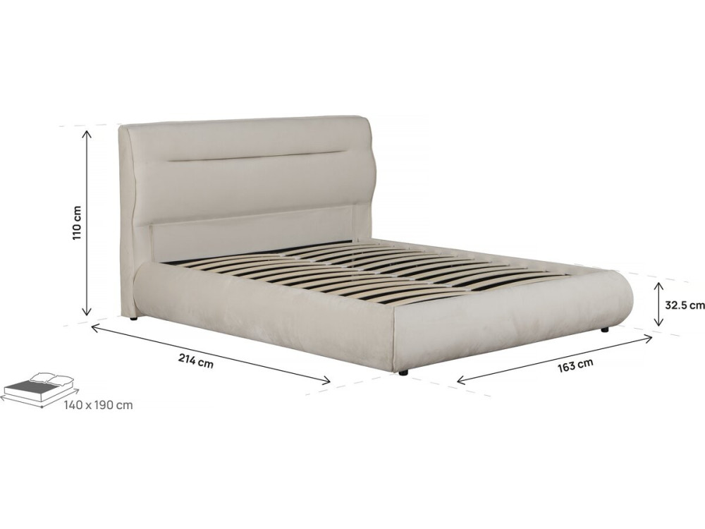 Lit double avec coffre en velours "Chamonix" - 140 x 190 cm - Beige