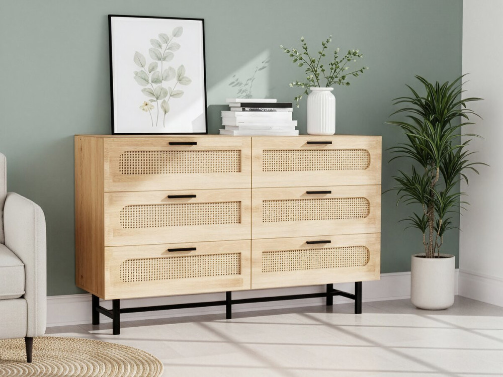 Commode en bois et cannage "Harrison" - 120 x 40 x 75 cm - Beige