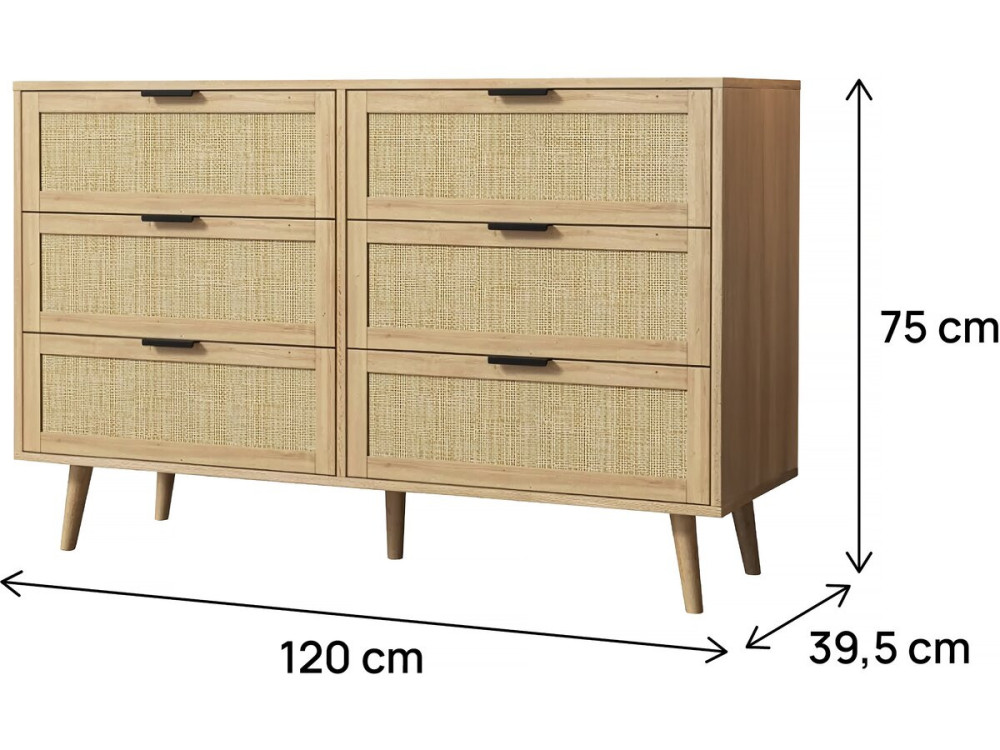Commode en bois et cannage "Preston" - 120 x 40 x 75 cm - Beige