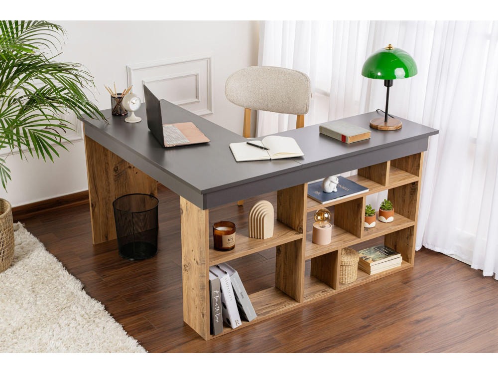 Bureau d'étude en bois "Vesper" - 130 x 120 x 72 cm - AnthracitePin atlantique