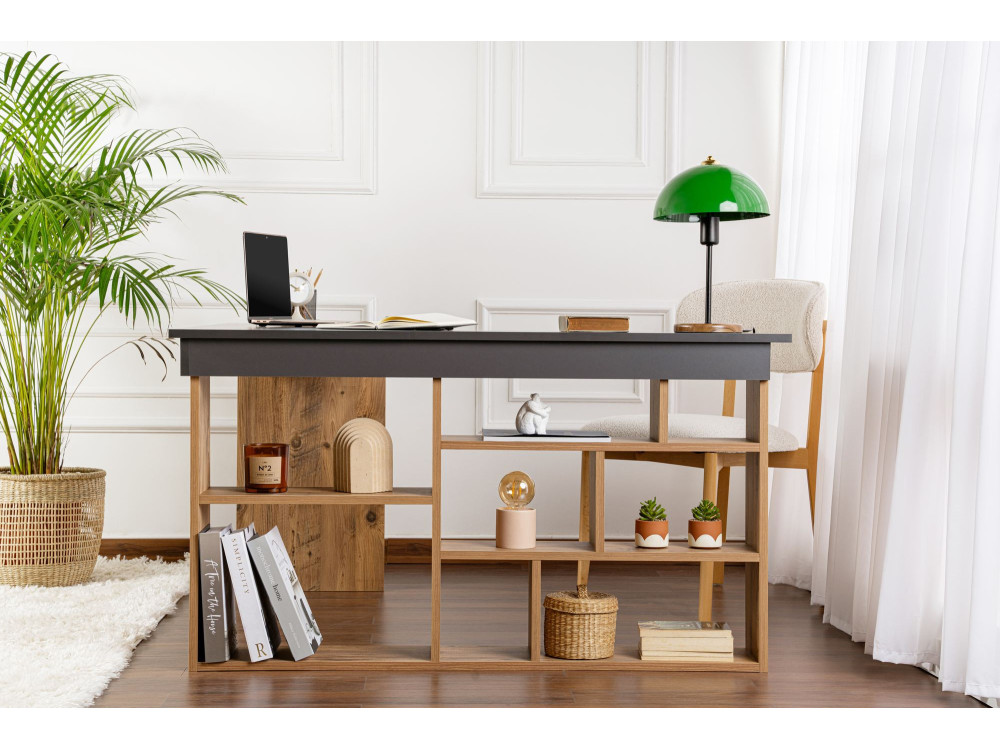 Bureau d'étude en bois "Vesper" - 130 x 120 x 72 cm - AnthracitePin atlantique