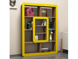 Bibliothèque en bois "Orkide" - 108 x 21 x 140 cm - Noyer, Jaune 2