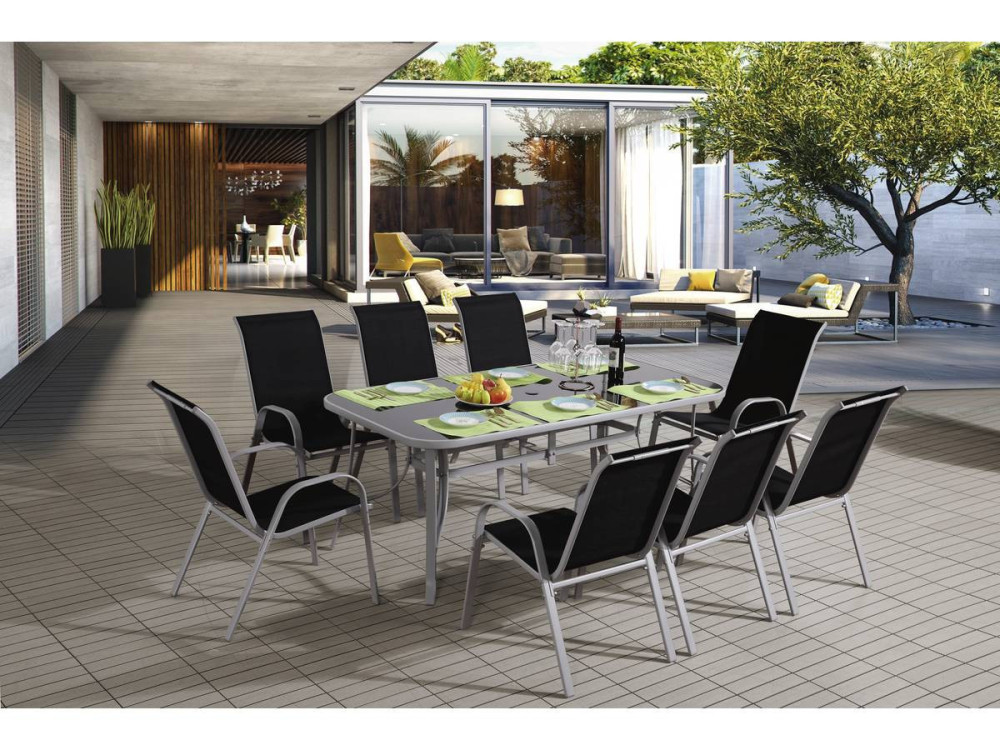 Table et chaises de jardin en textilène "Cordoba XL 180" - Phoenix - 8 places - Noir