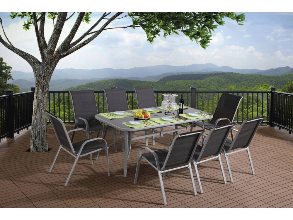Table et chaises de jardin en textilène "Cordoba XL 180" - Phoenix - 8 places - Gris foncé
