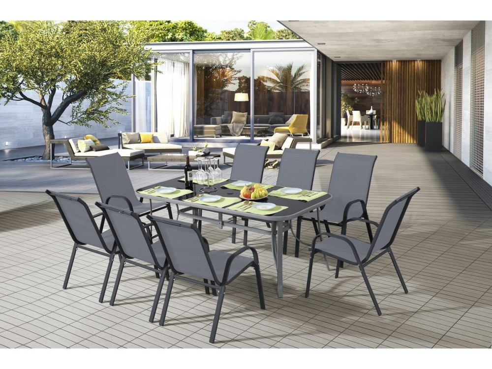 Table et chaises de jardin en textilène "Cordoba XL 180" - 8 places - Gris