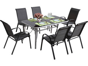 Table et chaises de jardin en textilène "cordoba + Porto" 6 personnes gris foncé
