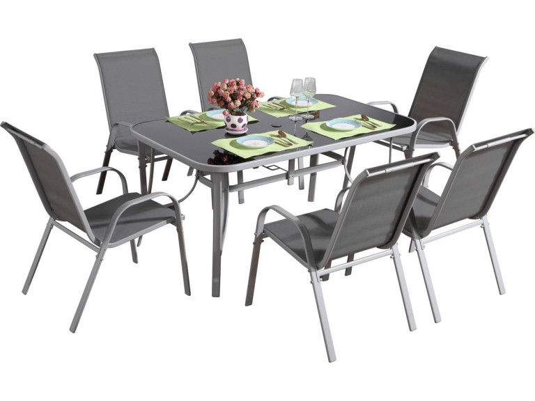 Table et chaises de jardin en textilène "cordoba + Porto" 6 personnes gris clair