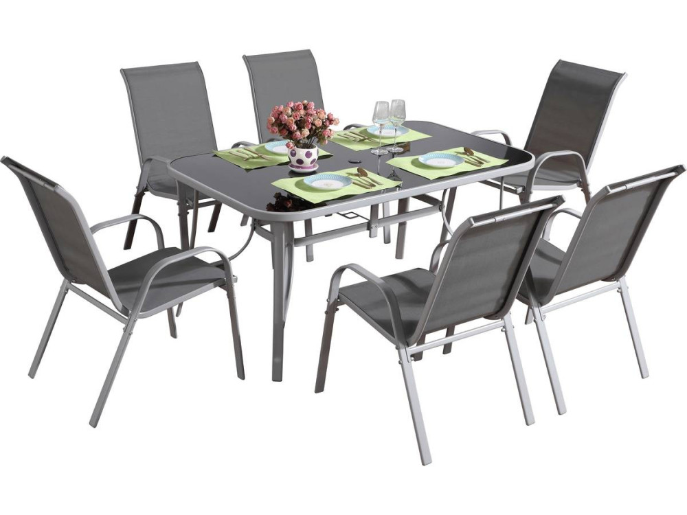 Table et chaises de jardin en textilène "cordoba + Porto" 6 personnes gris clair