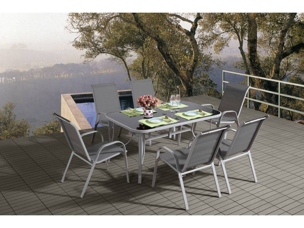 Table et chaises de jardin en textilène "cordoba + Porto" 6 personnes gris clair