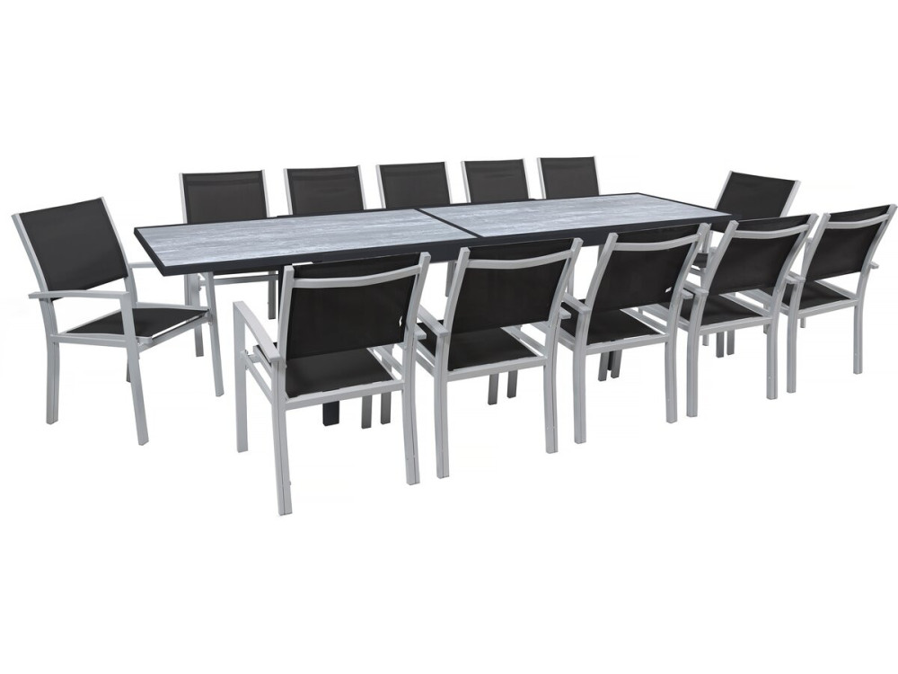 Table extensible et chaises de jardin en aluminium "Lagos" - 200/320 x 105 x 76 cm - 12 chaises - Noir