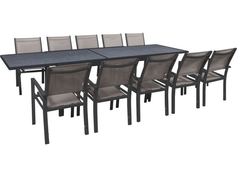 Salon de jardin repas extensible "Lagos" - 200/320 x 105 x 76 cm - 10 chaises - Taupe
