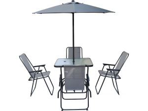 Table et chaises de jardin avec parasol en métal "Convivia" - 4 places - Gris clair