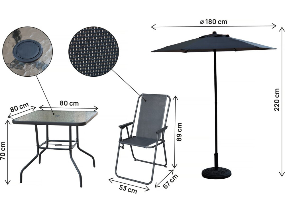Table et chaises de jardin avec parasol en métal "Convivia" - 4 places - Gris anthracite