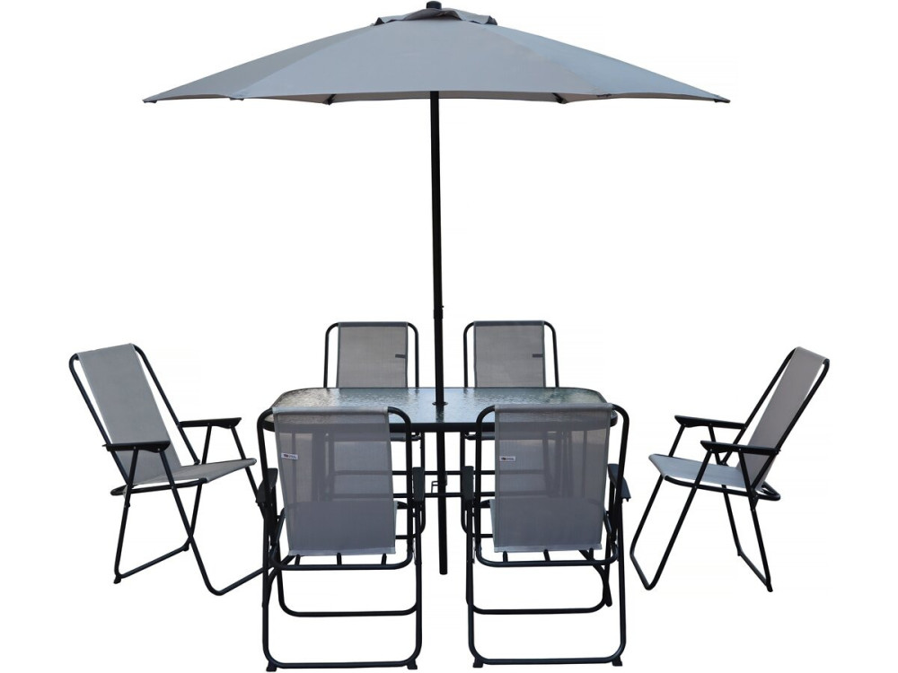 Table et chaises de jardin avec parasol en métal "Convivia" - 6 places - Gris clair