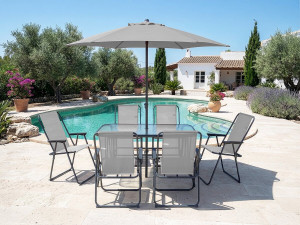 Table et chaises de jardin avec parasol en métal "Convivia" - 6 places - Gris clair 2