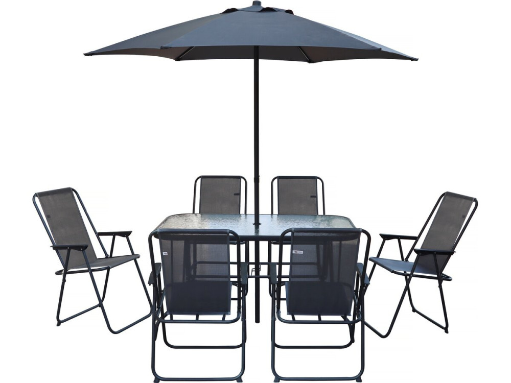 Table et chaises de jardin avec parasol en métal "Convivia" - 6 places - Gris anthracite
