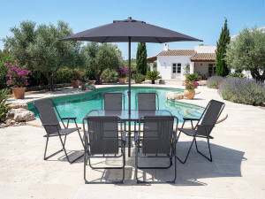 Table et chaises de jardin avec parasol en métal "Convivia" - 6 places - Gris anthracite 2