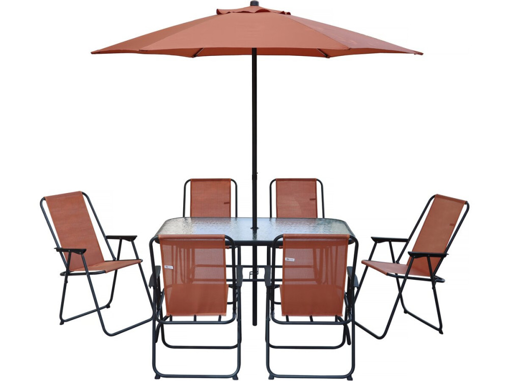Table et chaises de jardin avec parasol en métal "Convivia" - 6 places - Terracotta