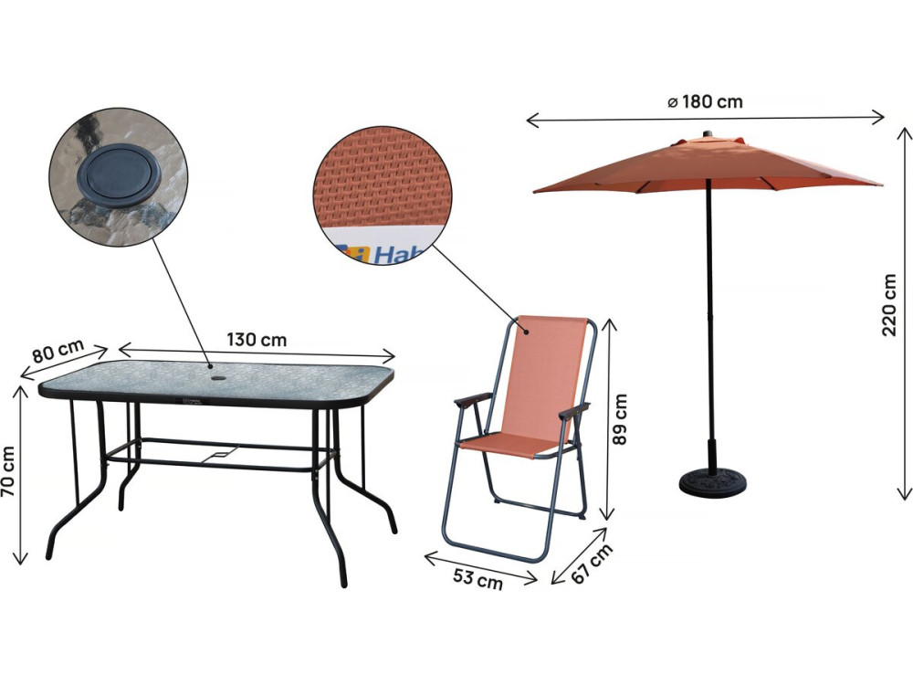 Table et chaises de jardin avec parasol en métal "Convivia" - 6 places - Terracotta