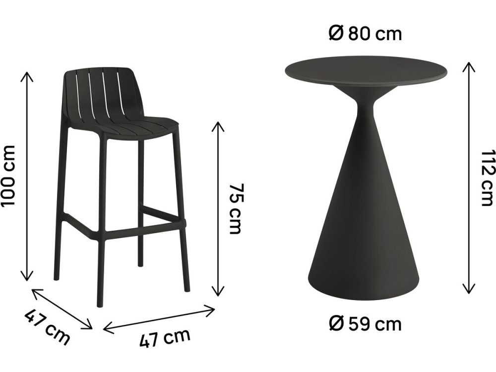Table et chaises hautes de bistrot empilables "Vaena" - 2 places - Noir