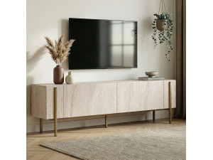 Meuble TV en bois "Nexus" - 180 x 30 x 45 cm - Travertin / Or 2