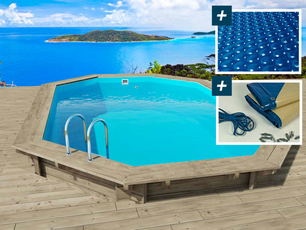Piscine bois " Miami 120 " - 4.86 x 3.36 x 1.20 m + Bâche à bulles 180 µ + Bâche hiver 280 gr/m²