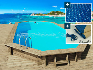 Piscine bois " Sevilla 145 " - 8.57 x 4.57 x 1.45 m + Bâche à bulles 180 µ + Bâche hiver 280 gr/m²