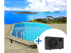Piscine bois " Palma 145 " 7.57 x 4.07 x 1.44 m + Pompe à chaleur pour piscine 6 kw/h inverter "PowerLine by Hayward" - Noir