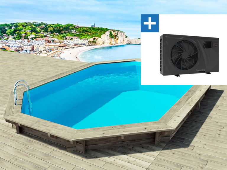 Piscine bois " Brazilia 145 "  5.86 x 3.86 x 1.44 m + Pompe à chaleur 6 kw/h inverter "PowerLine by Hayward" - Noir
