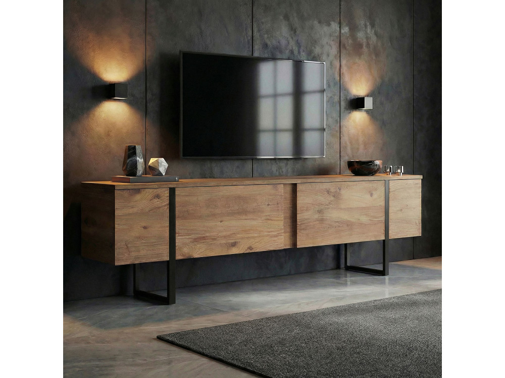 Meuble TV en bois "Onera" - 180 x 30 x 50 cm - Pin Atlantique / Noir
