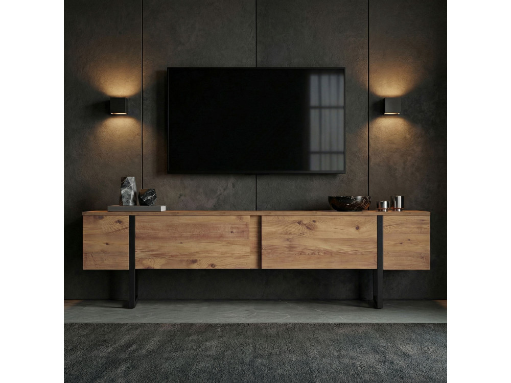 Meuble TV en bois "Onera" - 180 x 30 x 50 cm - Pin Atlantique / Noir