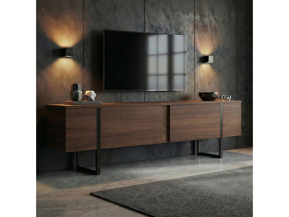 Meuble TV en bois "Onera" - 180 x 30 x 50 cm - Noyer / Noir