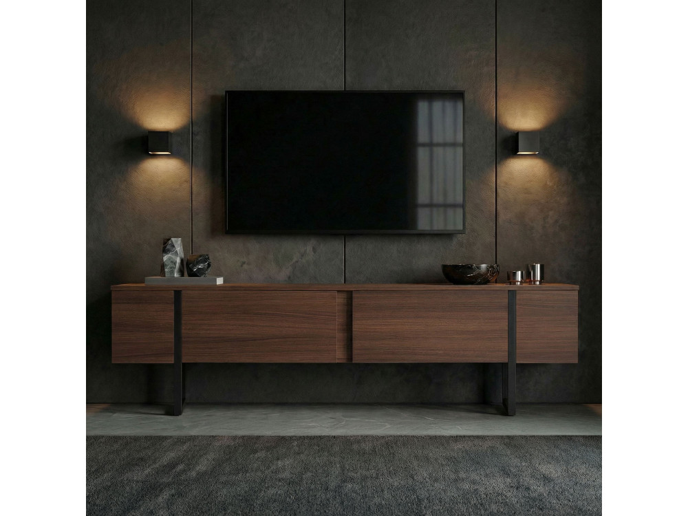 Meuble TV en bois "Onera" - 180 x 30 x 50 cm - Noyer / Noir