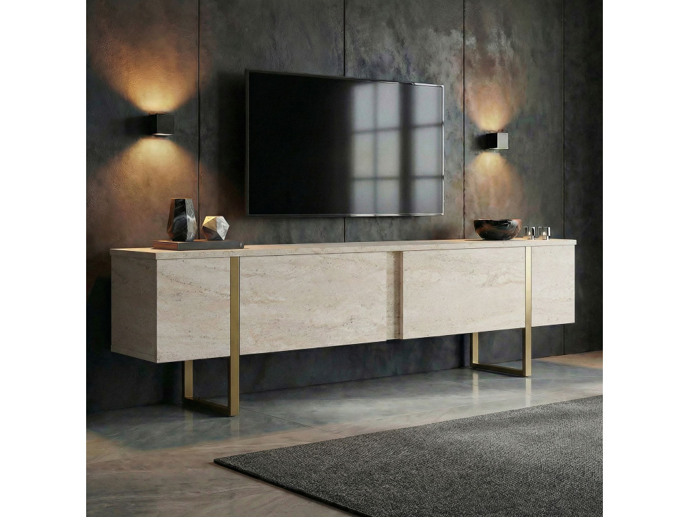 Meuble TV en bois "Onera" - 180 x 30 x 50 cm - Travertin / Or