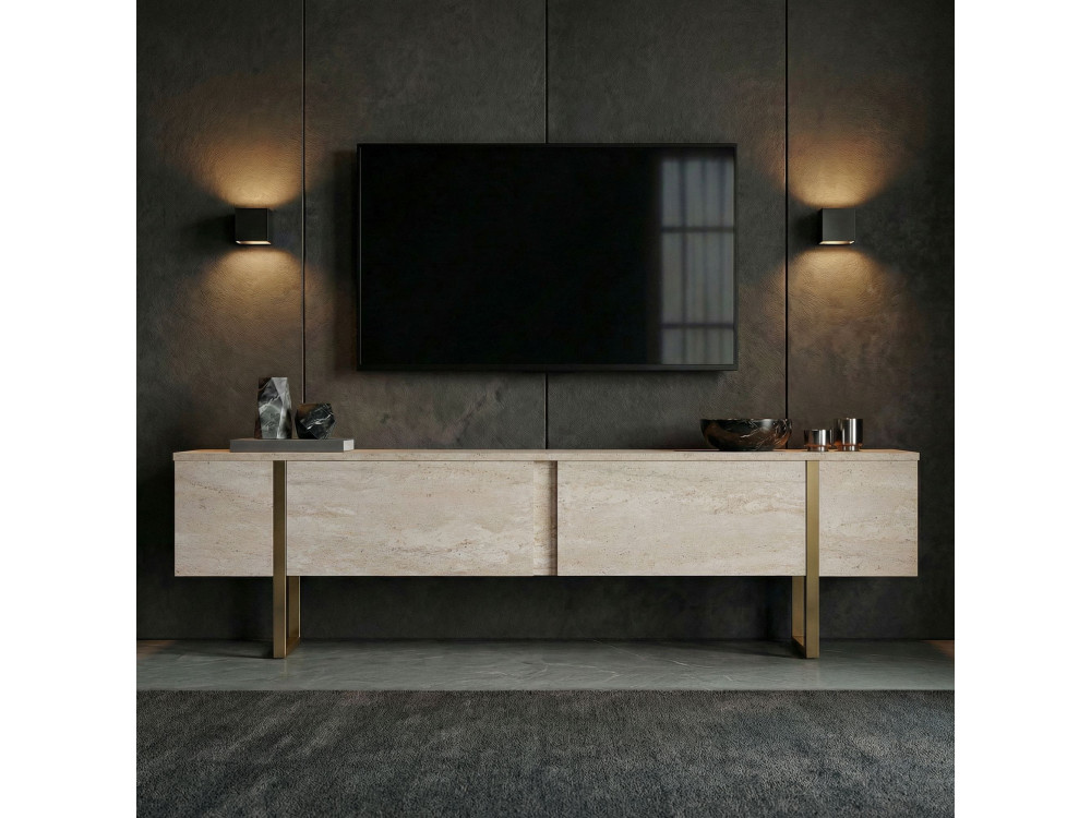 Meuble TV en bois "Onera" - 180 x 30 x 50 cm - Travertin / Or