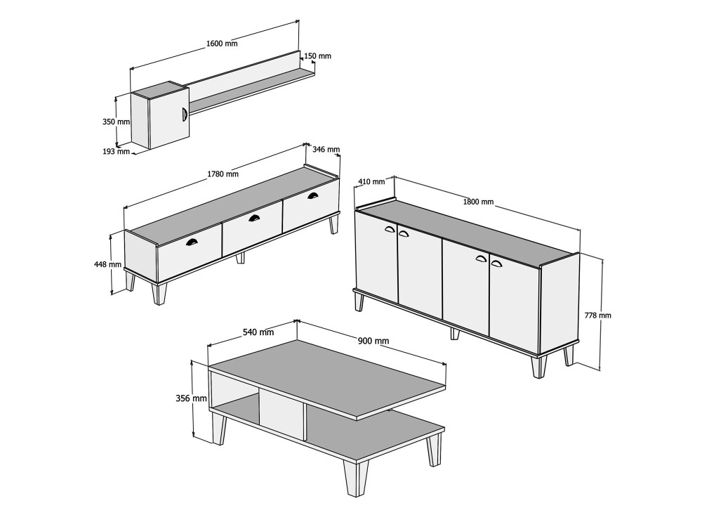Ensemble de meubles de salon en bois "Sumer" - 180 x 41 x 77 cm - Blanc