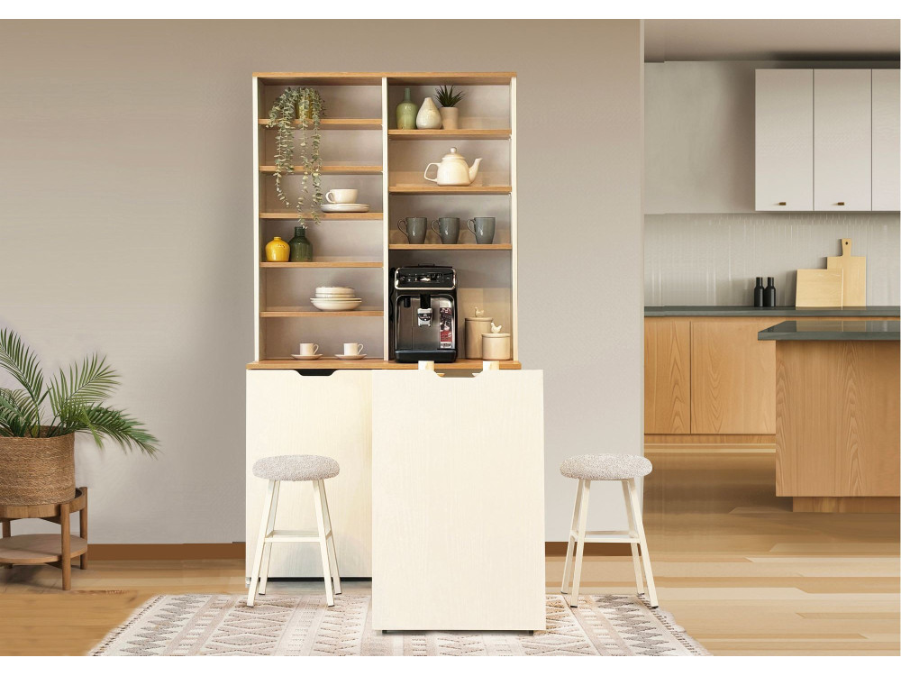 Ensemble présentoir et tabourets en bois "Flexa" - 100 x 45 x 190 cm - Crème