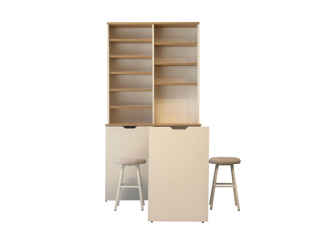 Ensemble présentoir et tabourets en bois "Flexa" - 100 x 45 x 190 cm - Crème