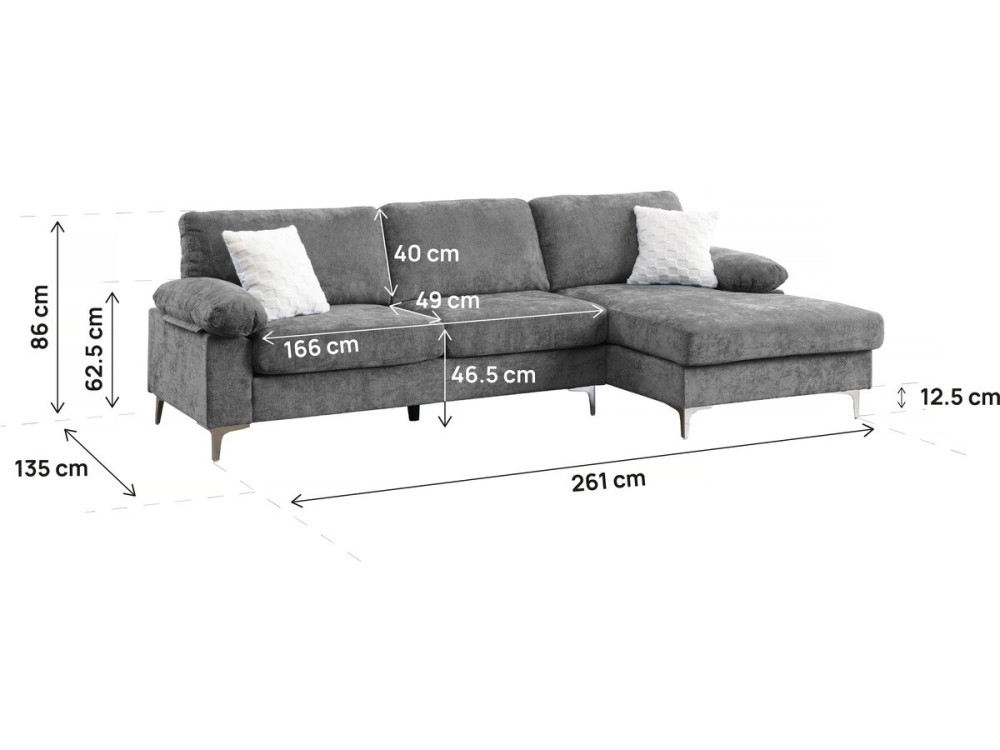 Canapé d'angle droit en tissu chenille "Jade" - 3 places - Gris clair