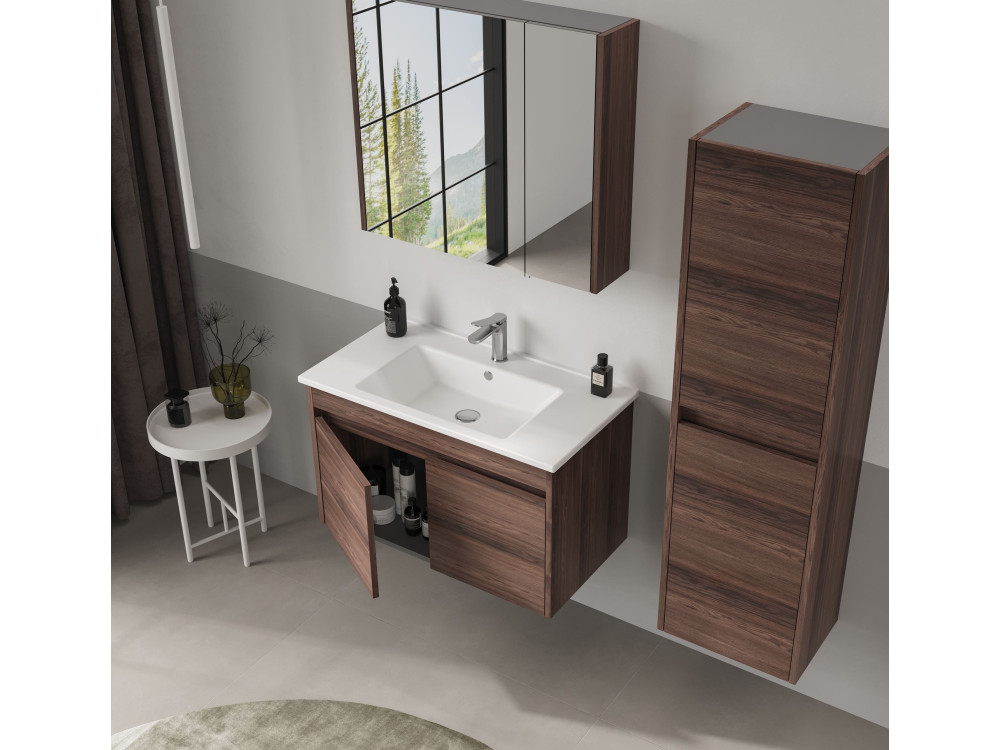 Meuble Salle de Bain avec Miroir "Side 80" - 79 x 16 x 66 cm - Dark Walnut