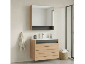 Ensemble Meuble Vasque avec Miroir (2 Pièces) "Ricato 80" - 81 x 47 x 62 cm - Oak 2