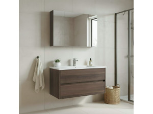 Ensemble Meuble Vasque avec Miroir (2 Pièces) "Side 100 v3" - 100 x 16 x 52 cm - Walnut 2