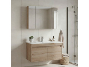 Ensemble Meuble Vasque avec Miroir (2 Pièces) "Side 100 v3" - 100 x 45 x 52 cm - Oak 2