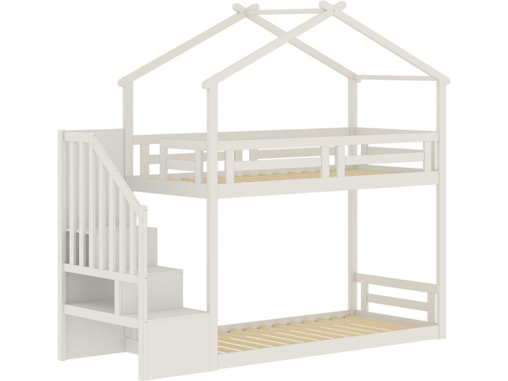 Lit cabane superposé avec escalier en bois "Oriana" - 90 x 190 cm - Beige