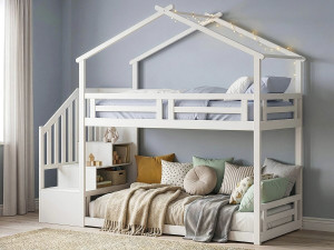 Lit cabane superposé avec escalier en bois "Oriana" - 90 x 190 cm - Beige 2
