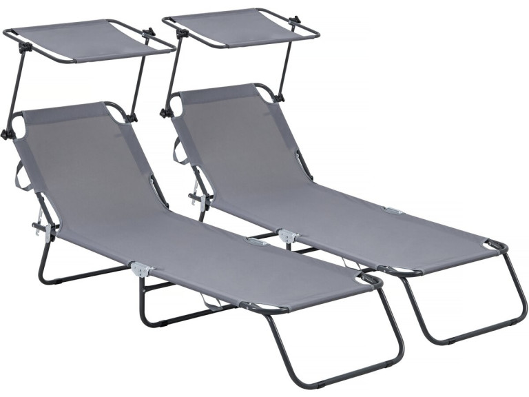 Lot de 2 bains de soleil pliable "Lazy" - Avec pare soleil - Gris