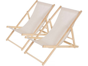 Lot de 2 transats en bois "Chilienne" - 107 x 56.5 x 81 cm - Ecru