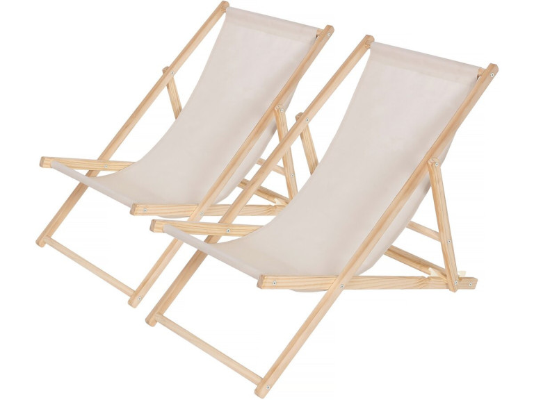 Lot de 2 transats en bois "Chilienne" - 107 x 56.5 x 81 cm - Ecru