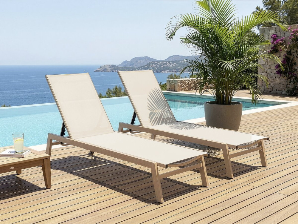 Lot de 2 bains de soleil en aluminium imitation bois "Elysia" - Ecru
